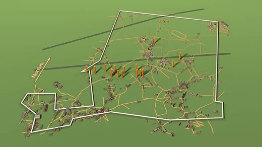 Abb. 4: Die Probebohrungen (Schurfbohrungen) und das spätere Grubenfeld.